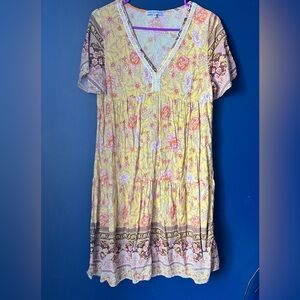 Miss Sparkling Small Yellow Floral Boho Dress V Neck Knee Length Oversized